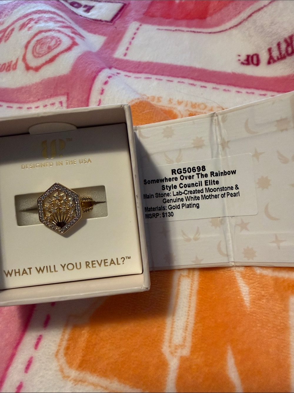 Somewhere Over The Rainbow Gold-Plated Hexagon Ring with White Mother of Pearl